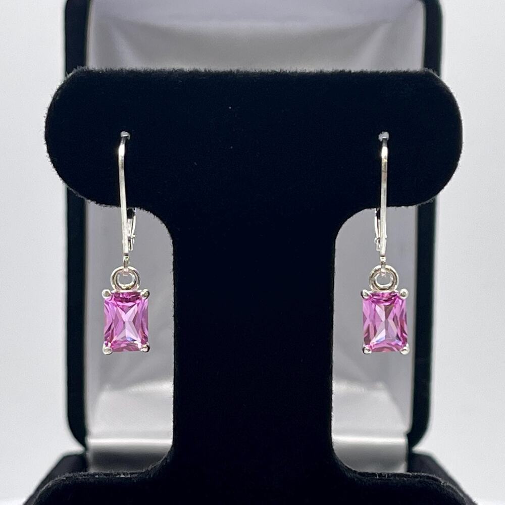BEAUTIFUL 2ctw Emerald Cut Pink Sapphire Earrings in Sterling Silver